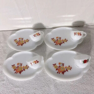 Vintage Federal Milk  Glass Autumn Blossom Tea Cups W Luncheon Plate Sets x4